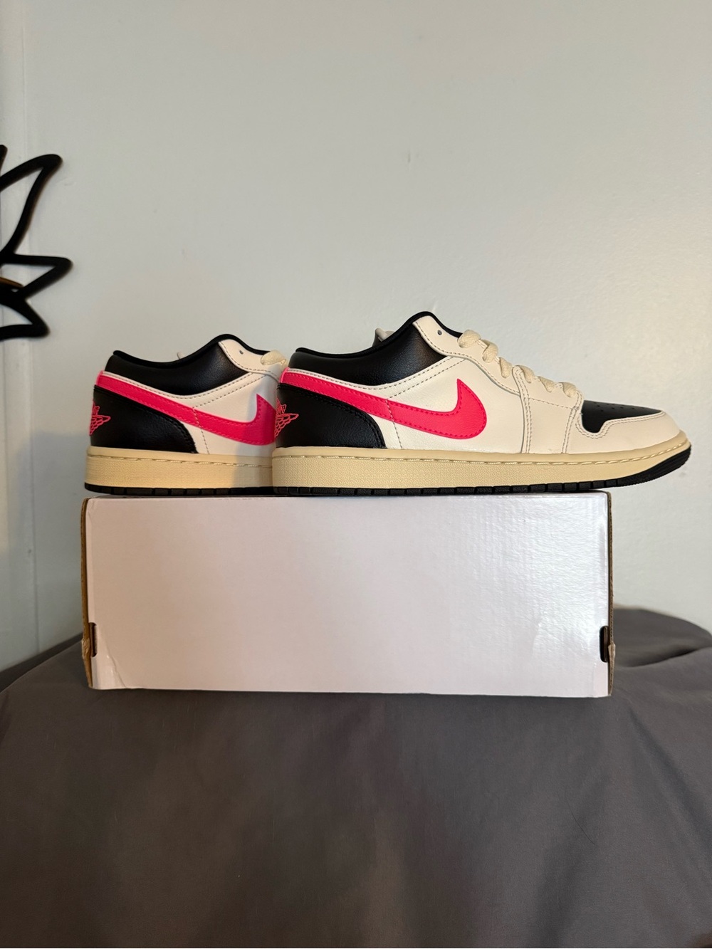 Air Jordan 1 Low Top Sneakers Ivory & Black with Racer Pink Accents - NEW W 7.5